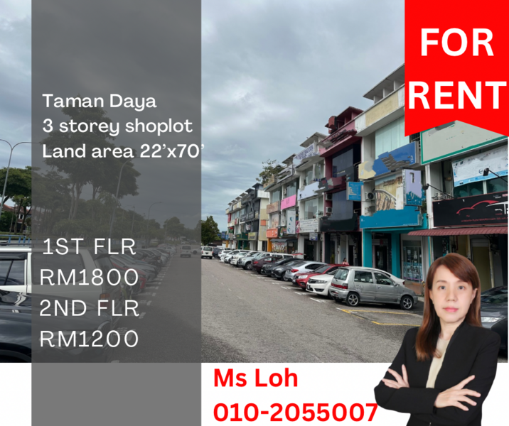 Taman Daya 3 Storey Main Road Shop for Rent